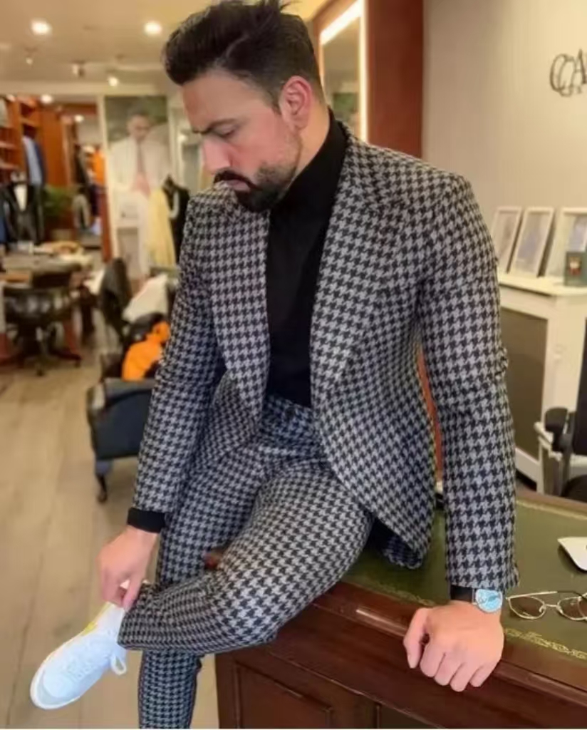 Men Formal Wear Pants - Setelan Jas Pria Vintage Houndstooth Kerah