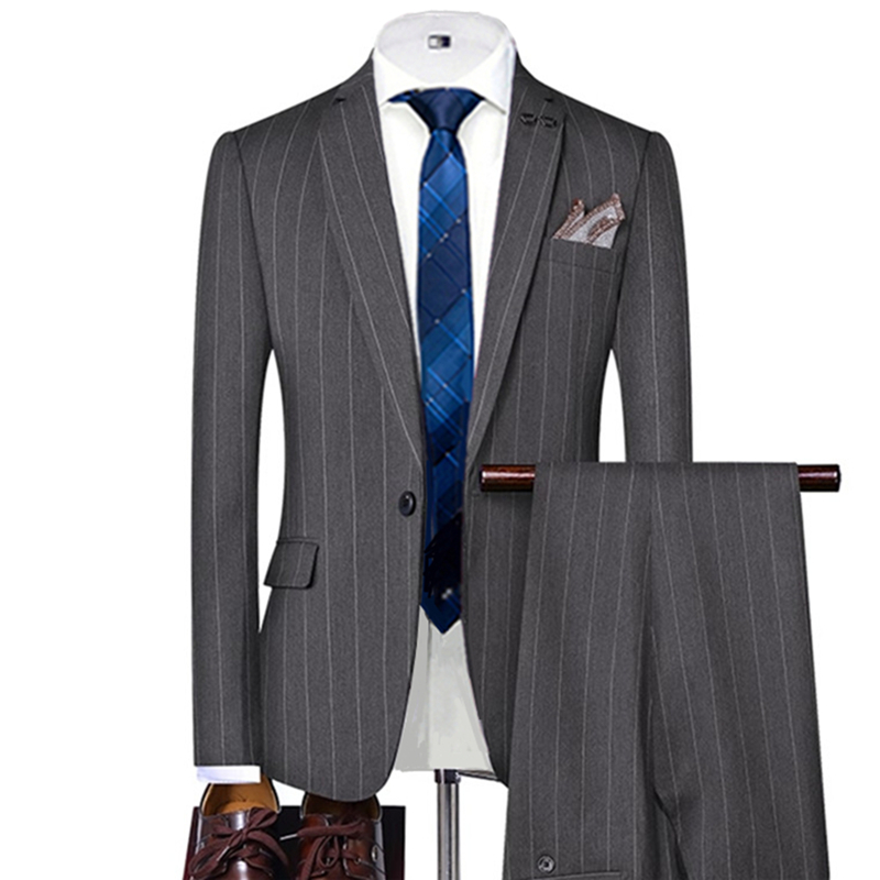 Men Formal Wear Wedding - Jas Pria Bergaris Abu-abu/Hitam Single Breasted