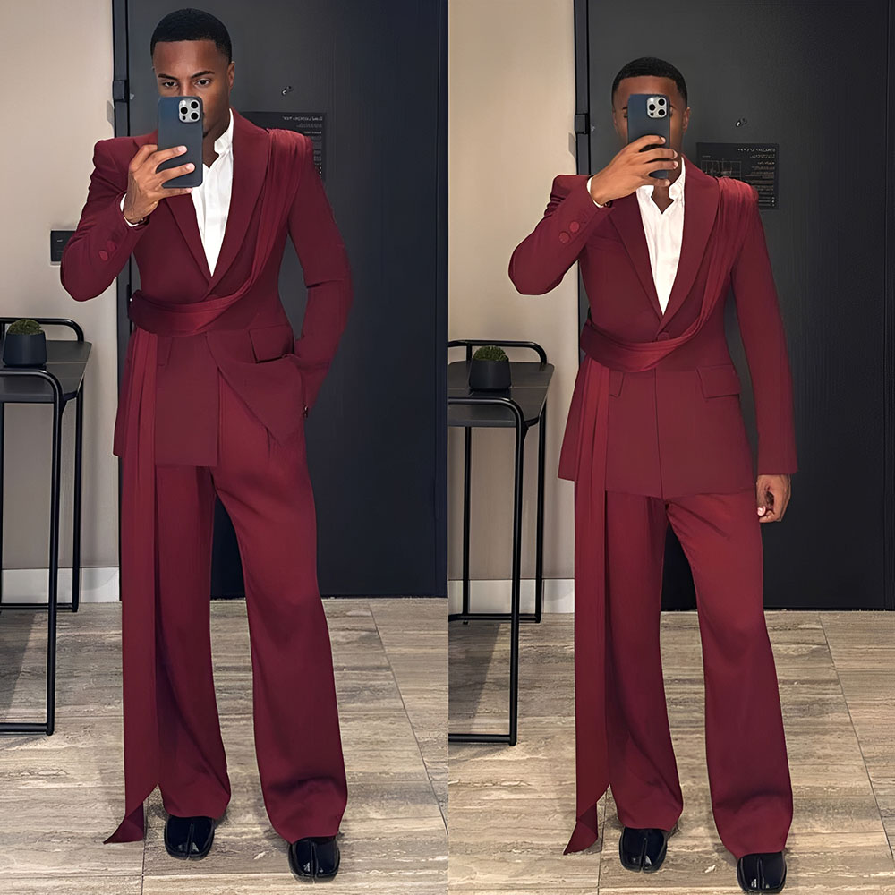 Men Formal Wear Wedding - Setelan Pria Baru Merah Marun 2