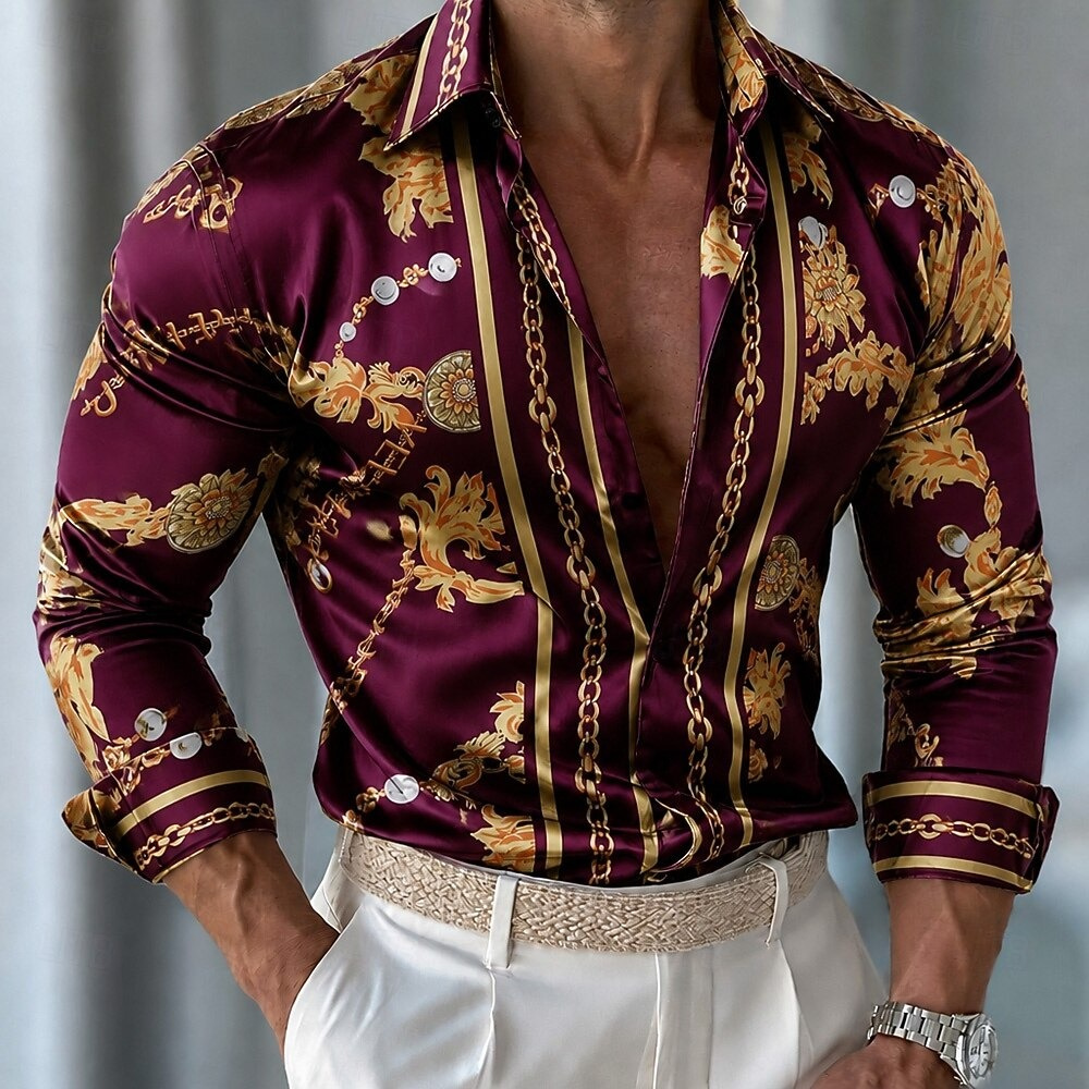 Men Formal Party Wear Shirt - Kemeja Satin Motif Bunga Pria, Kemeja