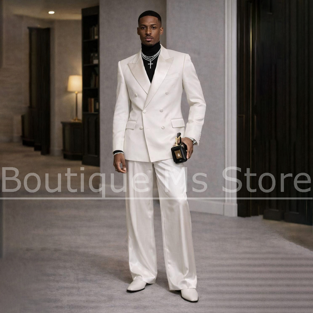Men Formal Wear Wedding - Jas Satin Putih Pria 2 Potong